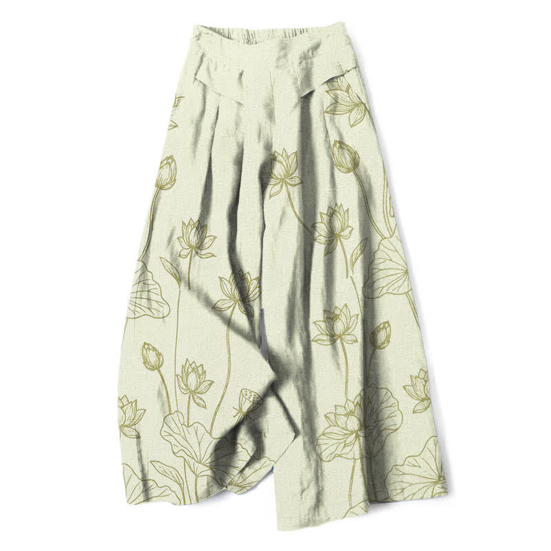Buddha Stones Pantalones de mujer de lino y algodón con estampado vintage de loto y pernera ancha, cintura elástica y bolsillos. - Gotas de miel - US16，UK/AU20，EU48 (3XL) - image 4