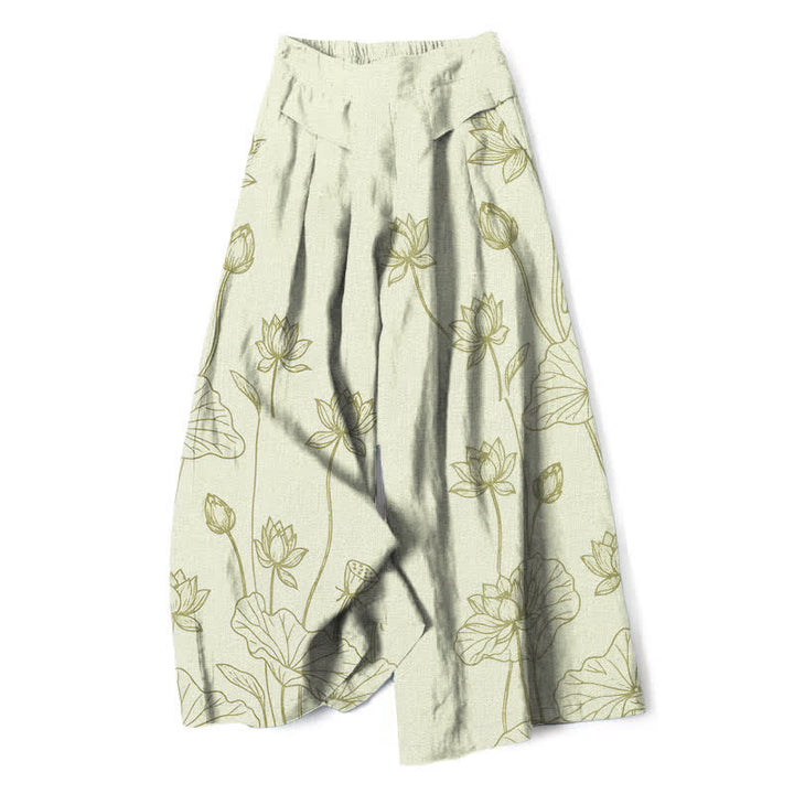 Buddha Stones Pantalones de mujer de lino y algodón con estampado vintage de loto y pernera ancha, cintura elástica y bolsillos. - Gotas de miel - US16，UK/AU20，EU48 (3XL) - image 4
