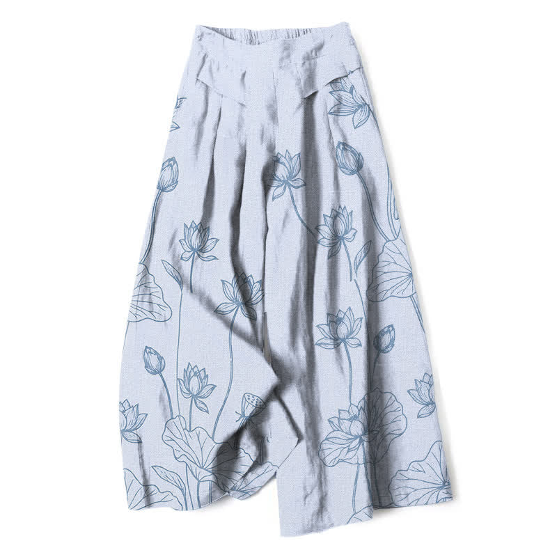 Buddha Stones Pantalones de mujer de lino y algodón con estampado vintage de loto y pernera ancha, cintura elástica y bolsillos. - AliciaAzul - US16，UK/AU20，EU48 (3XL) - image 6
