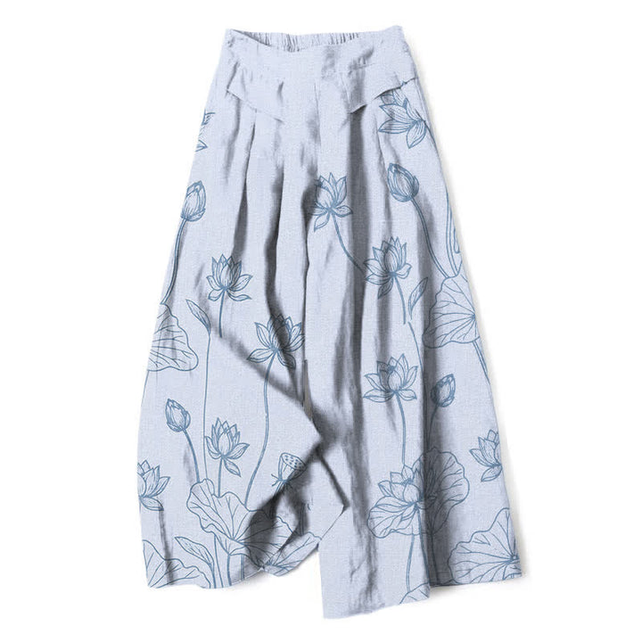 Buddha Stones Pantalones de mujer de lino y algodón con estampado vintage de loto y pernera ancha, cintura elástica y bolsillos. - AliciaAzul - US16，UK/AU20，EU48 (3XL) - image 6