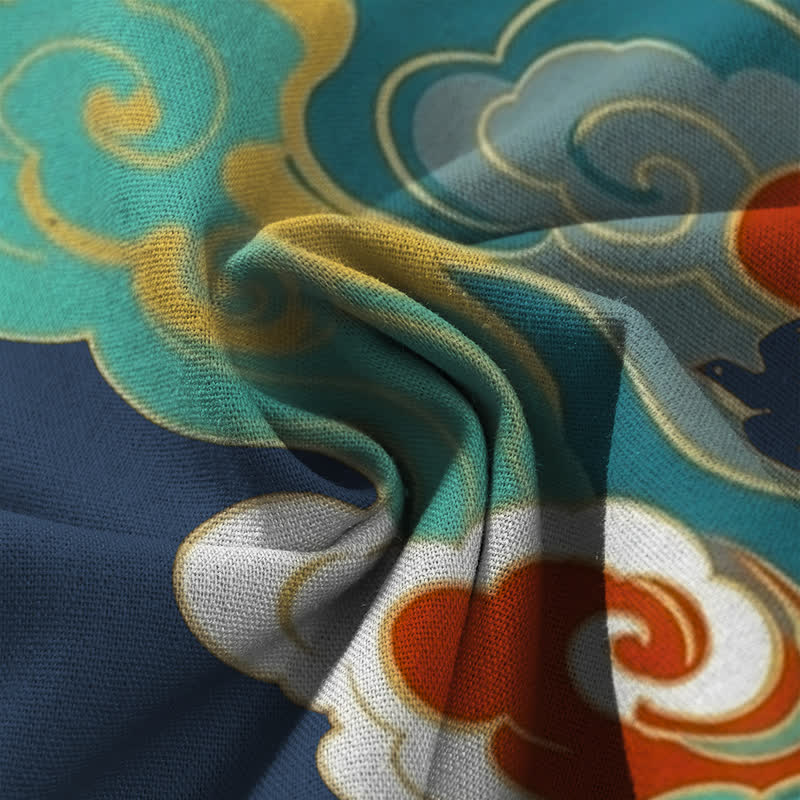 Buddha Stones Pantalones de mujer de algodón y lino con estampado de nubes de fénix, cintura elástica y pernera ancha con bolsillos. - image 3