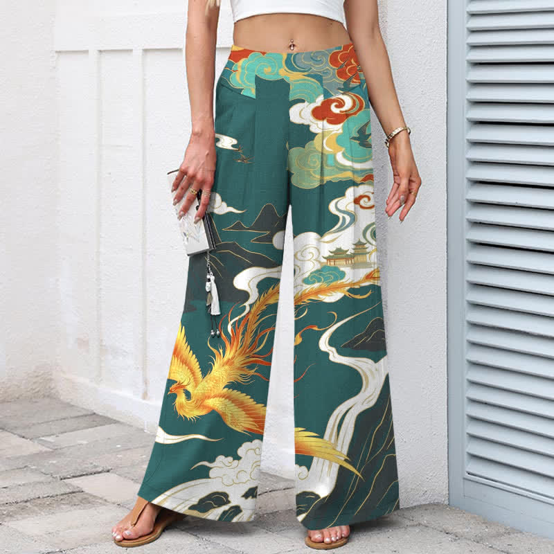 Buddha Stones Pantalones de mujer de algodón y lino con estampado de nubes de fénix, cintura elástica y pernera ancha con bolsillos. - image 5