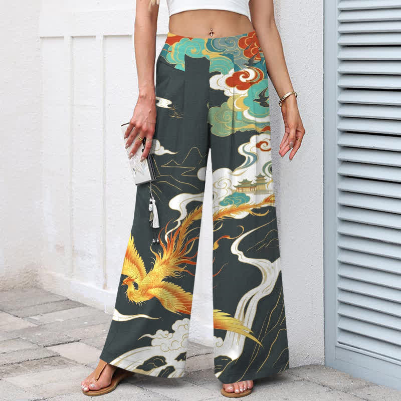 Buddha Stones Pantalones de mujer de algodón y lino con estampado de nubes de fénix, cintura elástica y pernera ancha con bolsillos. - image 7