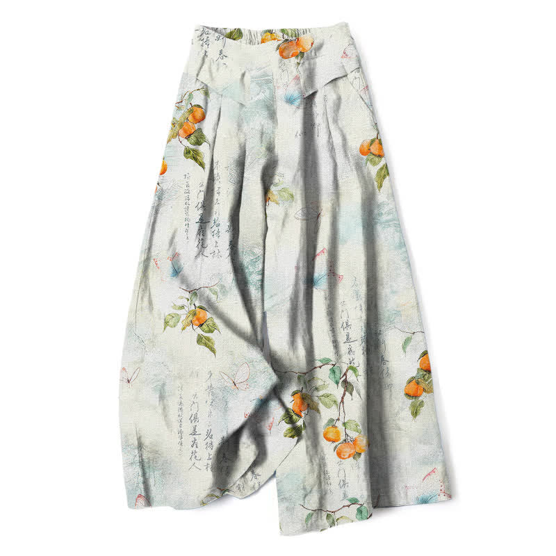 Buddha Stones Pantalones de mujer de algodón y lino con estampado vintage de mariposas y jardín de cítricos, cintura elástica y pernera ancha con bolsillos. - Azur - US16，UK/AU20，EU48 (3XL) - image 0