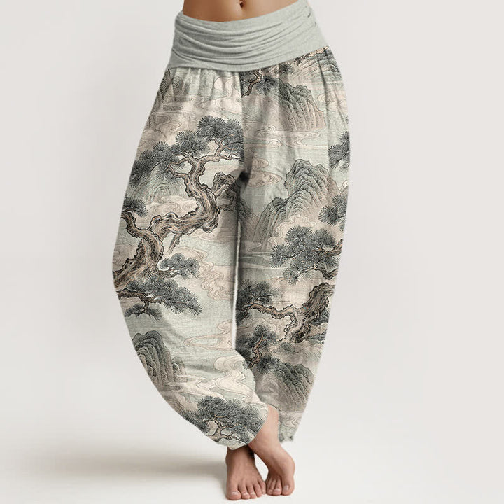 Buddha Stones Pantalones harem de mujer con cintura elástica y estampado de paisaje en algodón con efecto lavado a la tinta. - Gris claro - US16，UK/AU20，EU48 (3XL) - image 0