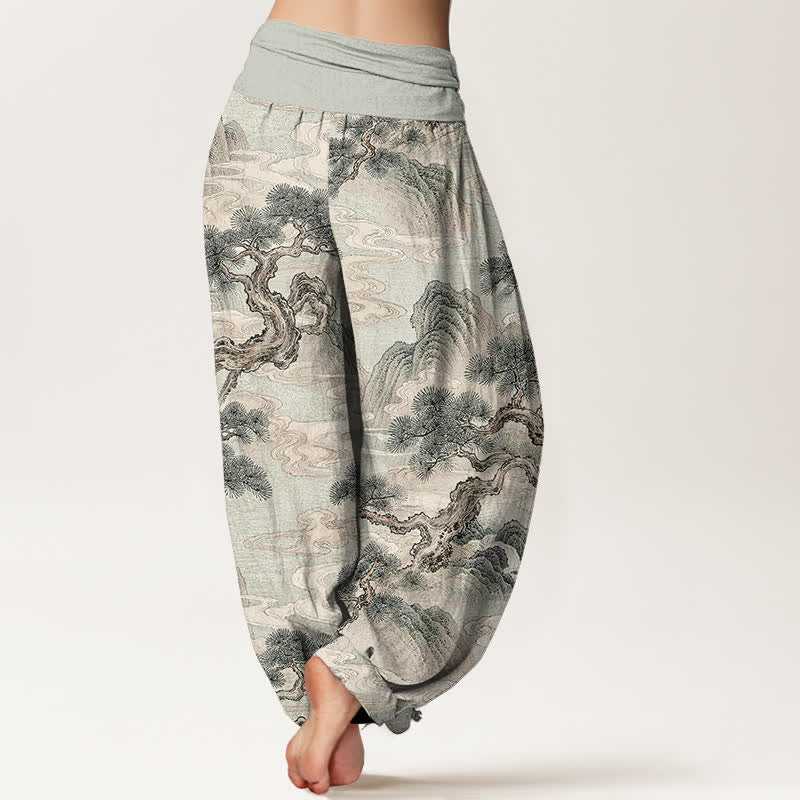 Buddha Stones Pantalones harem de mujer con cintura elástica y estampado de paisaje en algodón con efecto lavado a la tinta. - image 2
