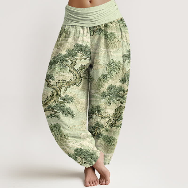 Buddha Stones Pantalones harem de mujer con cintura elástica y estampado de paisaje en algodón con efecto lavado a la tinta. - Verde pálido - US16，UK/AU20，EU48 (3XL) - image 5