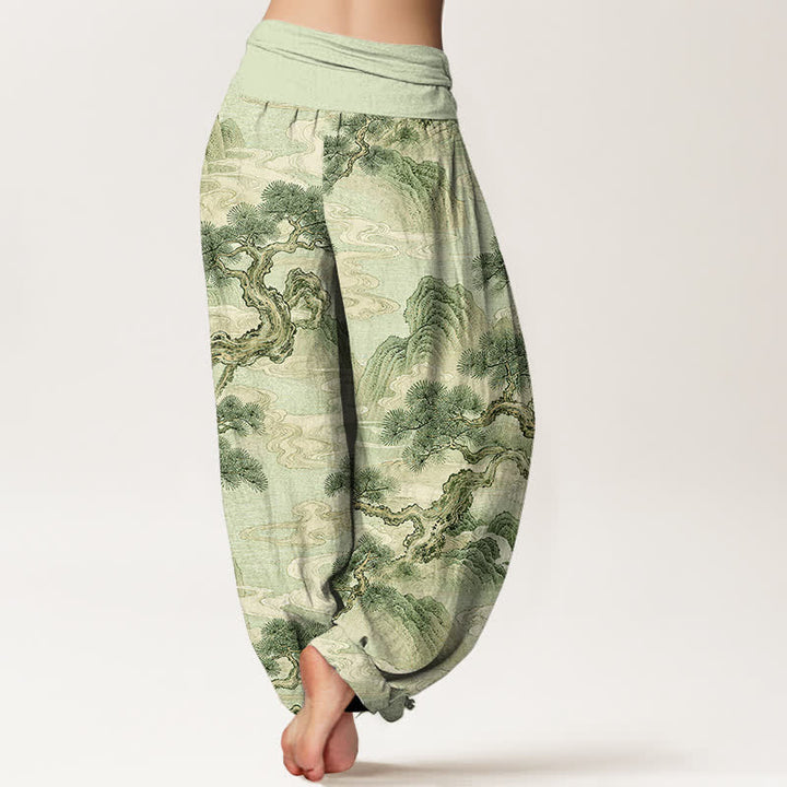 Buddha Stones Pantalones harem de mujer con cintura elástica y estampado de paisaje en algodón con efecto lavado a la tinta. - image 7