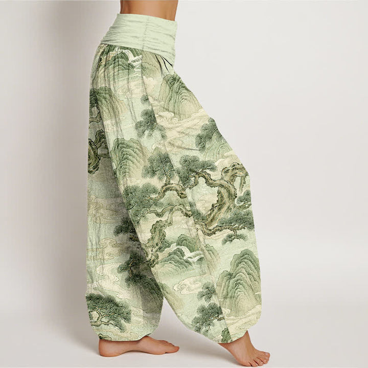 Buddha Stones Pantalones harem de mujer con cintura elástica y estampado de paisaje en algodón con efecto lavado a la tinta. - image 6
