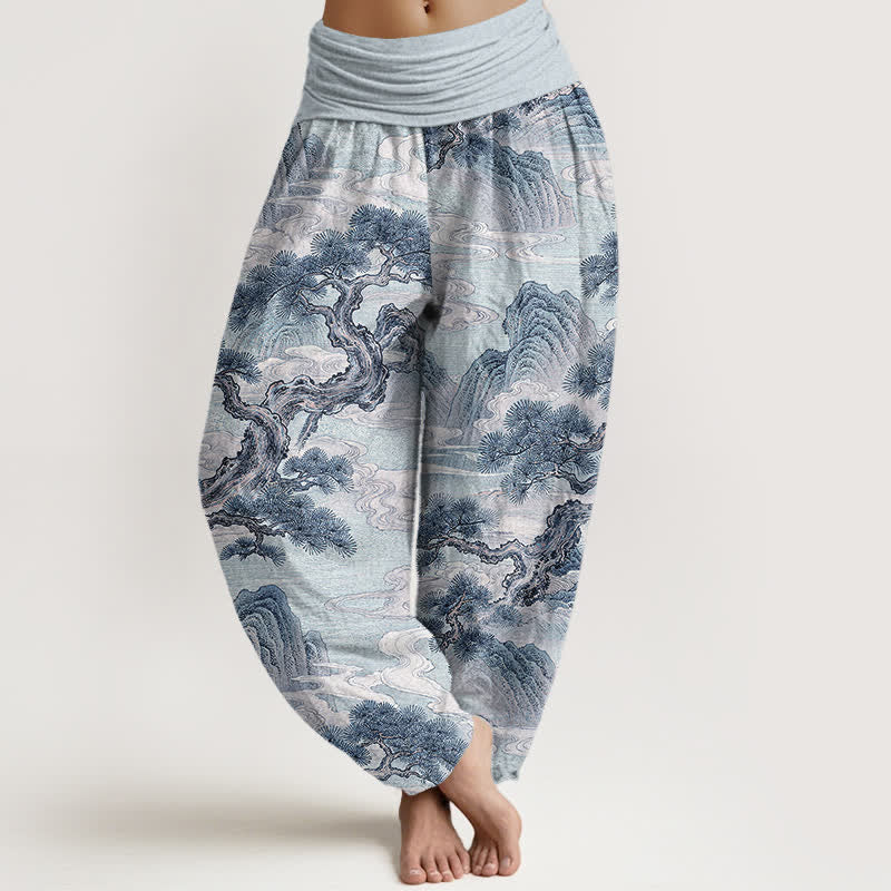 Buddha Stones Pantalones harem de mujer con cintura elástica y estampado de paisaje en algodón con efecto lavado a la tinta. - Azul claro - US16，UK/AU20，EU48 (3XL) - image 8
