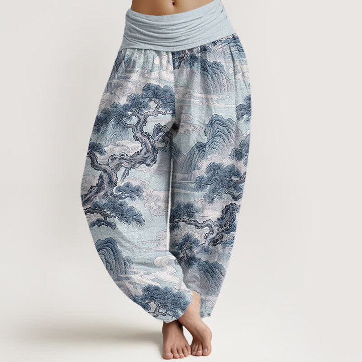 Buddha Stones Pantalones harem de mujer con cintura elástica y estampado de paisaje en algodón con efecto lavado a la tinta. - Azul claro - US16，UK/AU20，EU48 (3XL) - image 8
