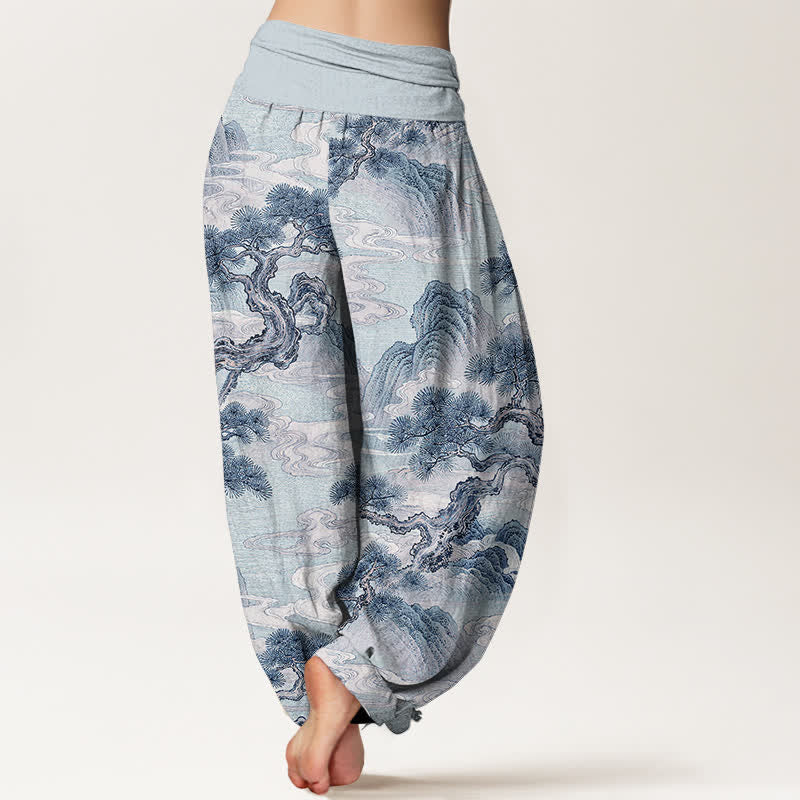 Buddha Stones Pantalones harem de mujer con cintura elástica y estampado de paisaje en algodón con efecto lavado a la tinta. - image 10