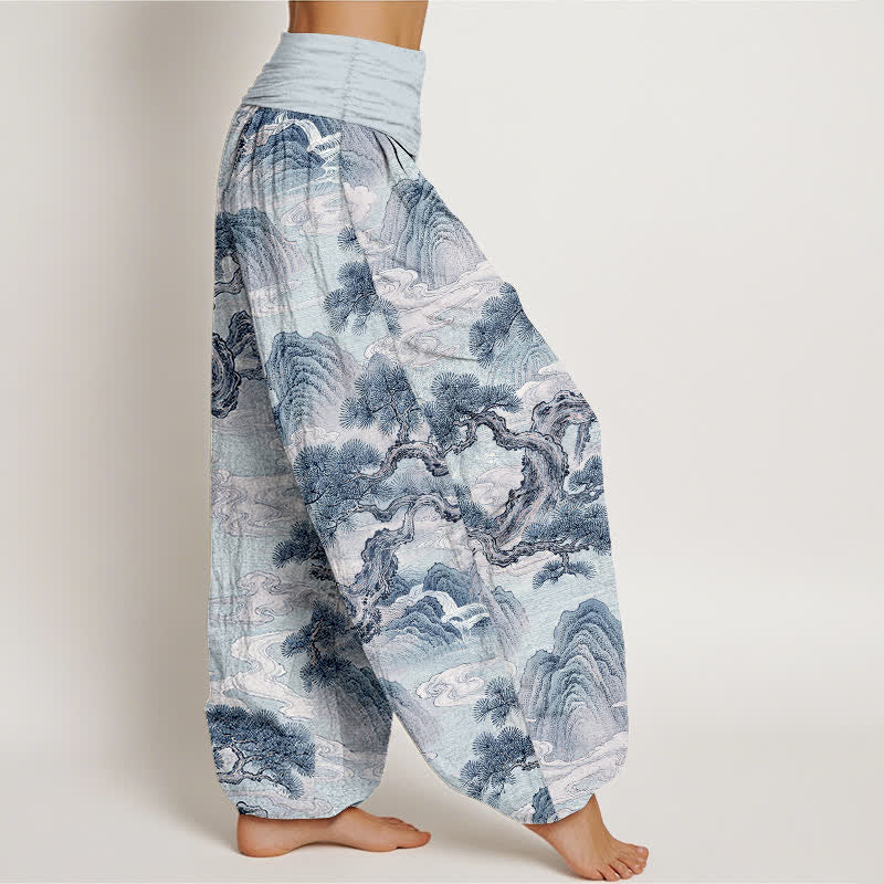 Buddha Stones Pantalones harem de mujer con cintura elástica y estampado de paisaje en algodón con efecto lavado a la tinta. - image 9