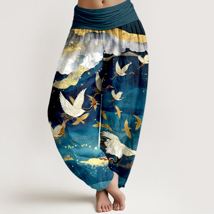 Buddha Stones Pantalones harem de mujer con cintura elástica y estampado de grullas voladoras doradas de algodón. - Verde azulado - US16，UK/AU20，EU48 (3XL) - image 0