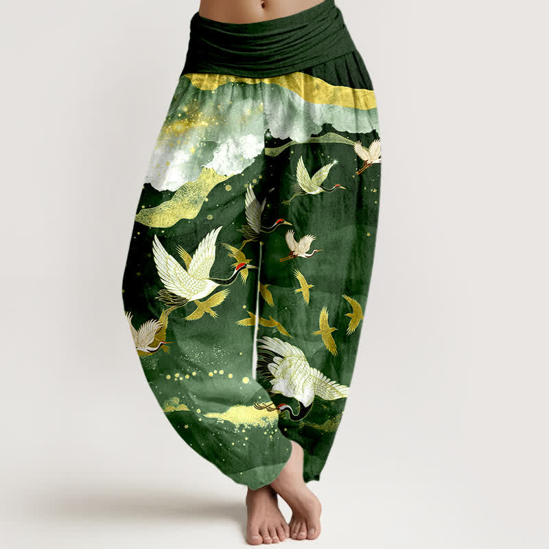 Buddha Stones Pantalones harem de mujer con cintura elástica y estampado de grullas voladoras doradas de algodón. - Verde oscuro - US16，UK/AU20，EU48 (3XL) - image 5