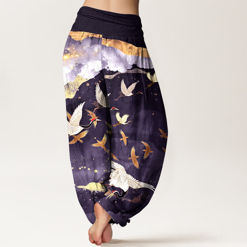 Buddha Stones Pantalones harem de mujer con cintura elástica y estampado de grullas voladoras doradas de algodón. - image 10