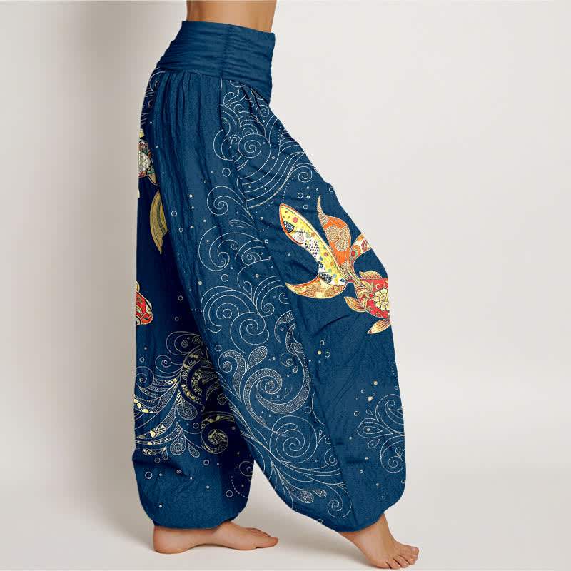 Buddha Stones Pantalones harem de algodón con estampado de remolinos de peces koi para mujer con cintura elástica. - image 6