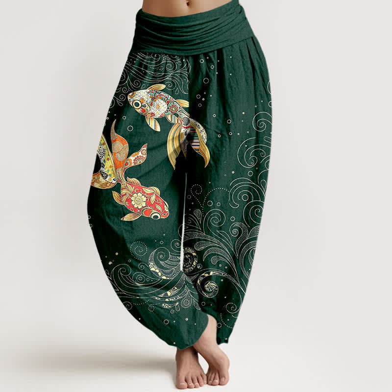 Buddha Stones Pantalones harem de algodón con estampado de remolinos de peces koi para mujer con cintura elástica. - Verde oscuro - US16，UK/AU20，EU48 (3XL) - image 8