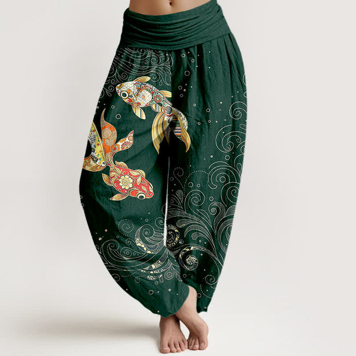 Buddha Stones Pantalones harem de algodón con estampado de remolinos de peces koi para mujer con cintura elástica. - Verde oscuro - US16，UK/AU20，EU48 (3XL) - image 8