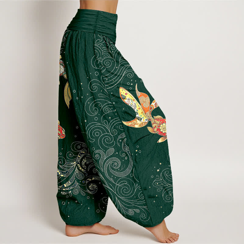 Buddha Stones Pantalones harem de algodón con estampado de remolinos de peces koi para mujer con cintura elástica. - image 9