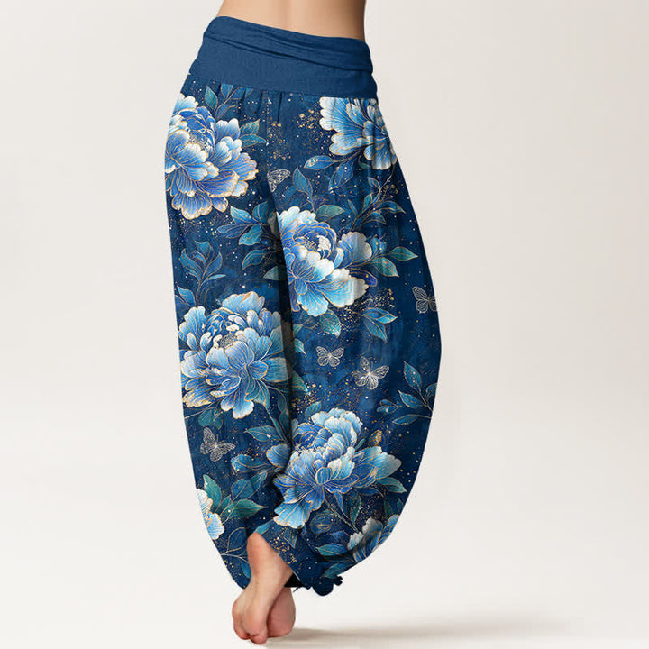 Buddha Stones Pantalones harem de algodón con estampado de mariposas y peonías para mujer con cintura elástica. - image 2