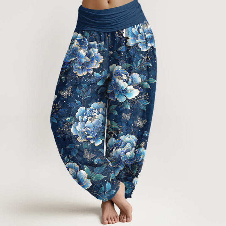 Buddha Stones Pantalones harem de algodón con estampado de mariposas y peonías para mujer con cintura elástica. - Marina de guerra - US16，UK/AU20，EU48 (3XL) - image 0