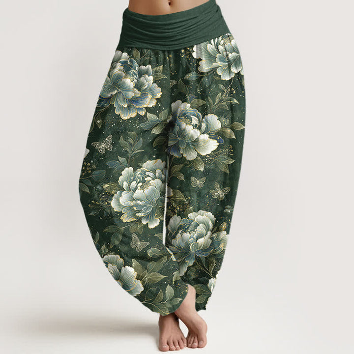 Buddha Stones Pantalones harem de algodón con estampado de mariposas y peonías para mujer con cintura elástica. - Verdemar - US16，UK/AU20，EU48 (3XL) - image 8