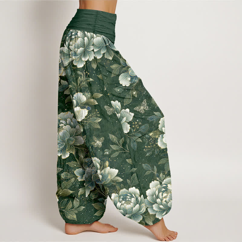 Buddha Stones Pantalones harem de algodón con estampado de mariposas y peonías para mujer con cintura elástica. - image 9