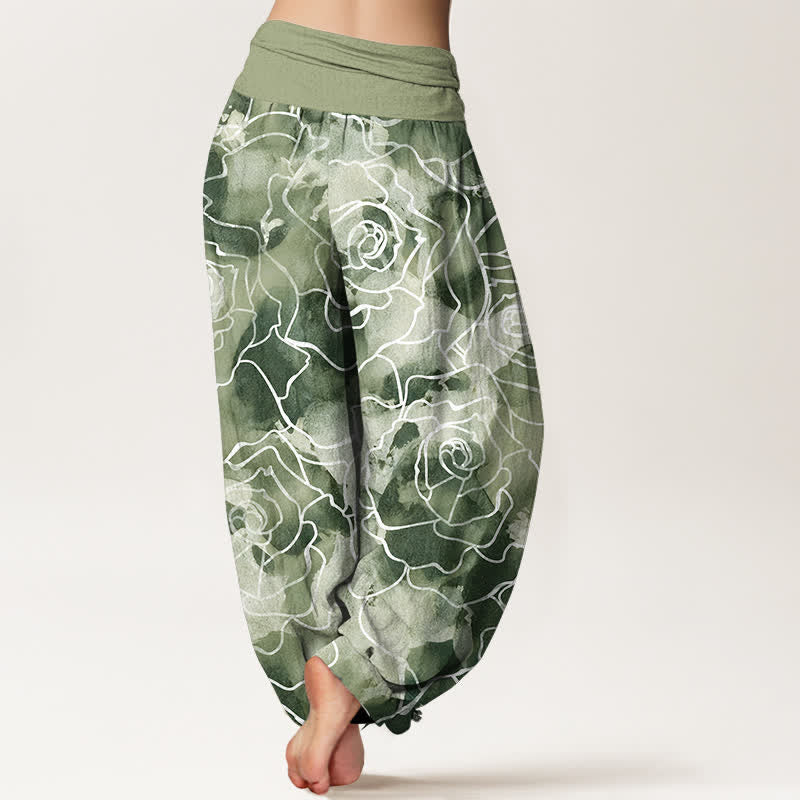 Buddha Stones Pantalones harem de mujer con cintura elástica y estampado de rosas blancas de algodón. - image 2