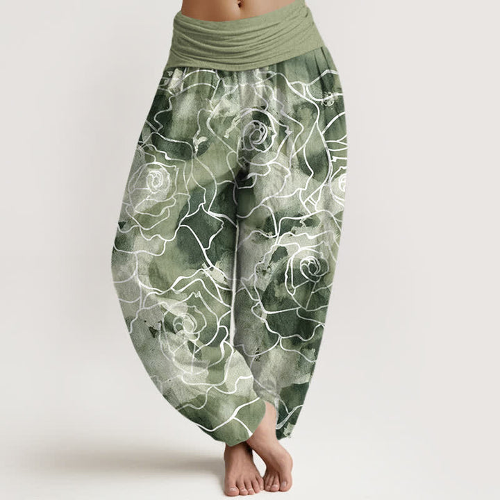 Buddha Stones Pantalones harem de mujer con cintura elástica y estampado de rosas blancas de algodón. - Verde mar oscuro - US16，UK/AU20，EU48 (3XL) - image 0