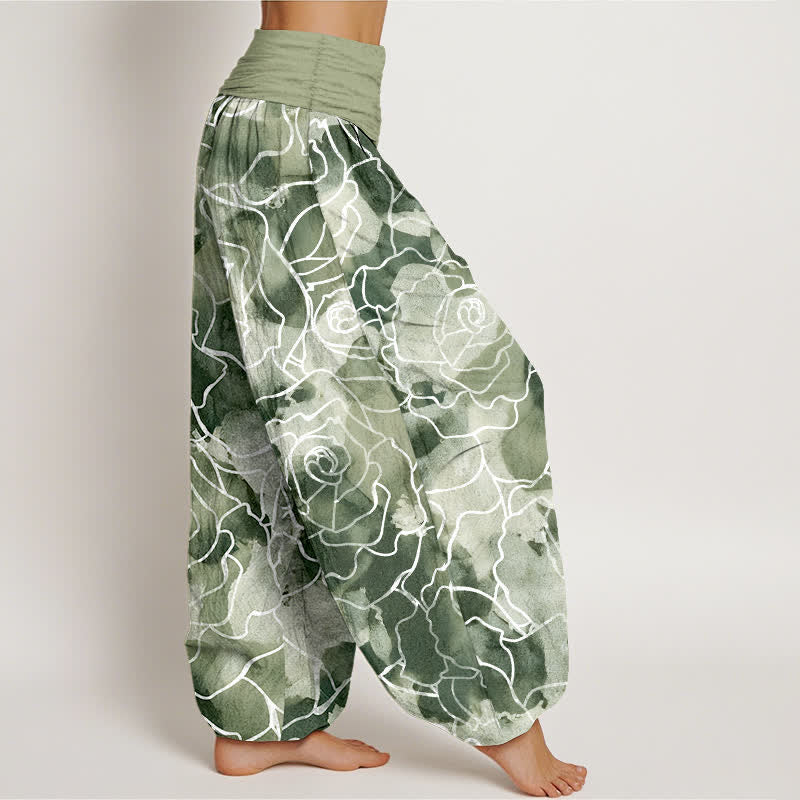 Buddha Stones Pantalones harem de mujer con cintura elástica y estampado de rosas blancas de algodón. - image 1