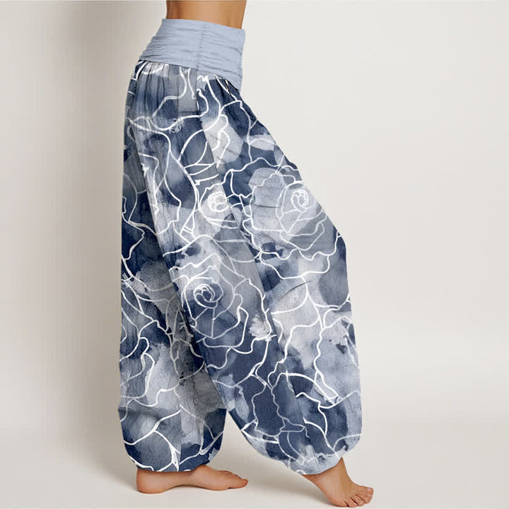 Buddha Stones Pantalones harem de mujer con cintura elástica y estampado de rosas blancas de algodón. - image 6