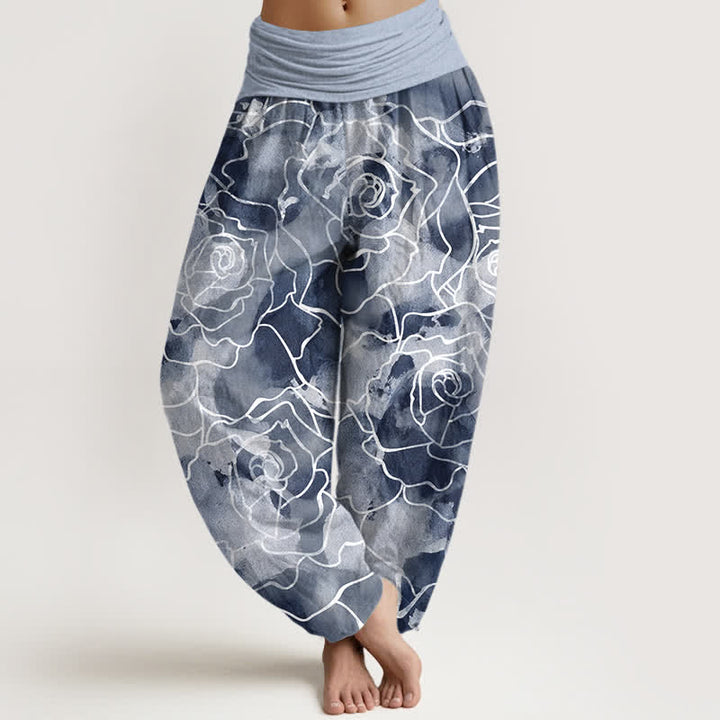 Buddha Stones Pantalones harem de mujer con cintura elástica y estampado de rosas blancas de algodón. - Azul claro - US16，UK/AU20，EU48 (3XL) - image 5