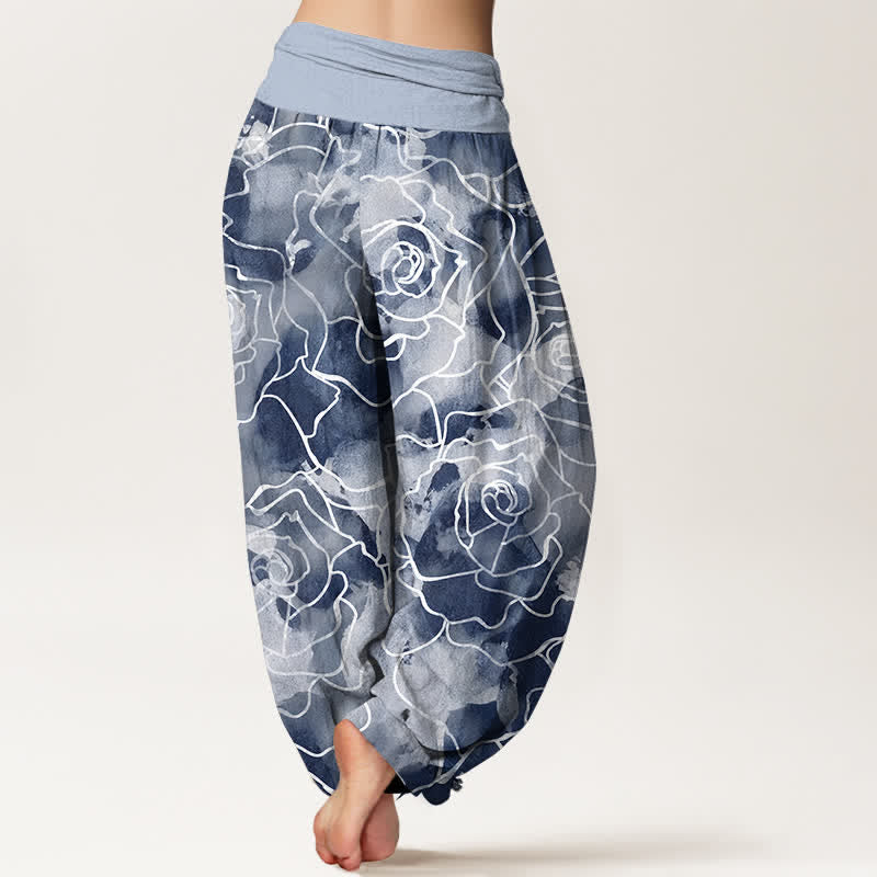 Buddha Stones Pantalones harem de mujer con cintura elástica y estampado de rosas blancas de algodón. - image 7