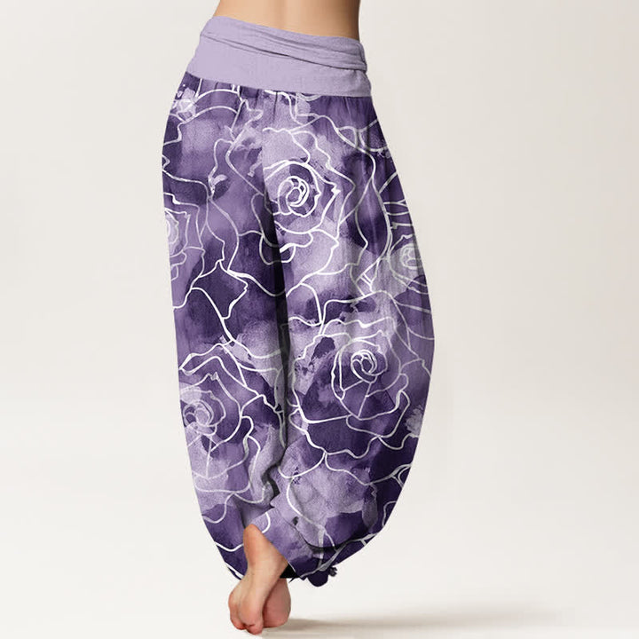 Buddha Stones Pantalones harem de mujer con cintura elástica y estampado de rosas blancas de algodón. - image 10