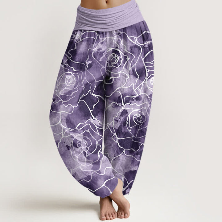Buddha Stones Pantalones harem de mujer con cintura elástica y estampado de rosas blancas de algodón. - Morado medio - US16，UK/AU20，EU48 (3XL) - image 8