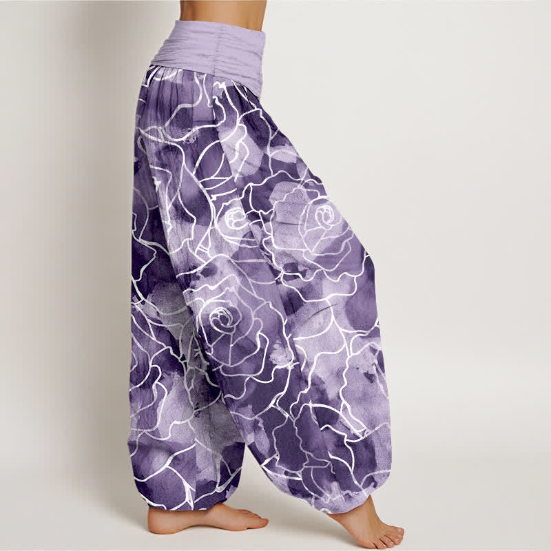 Buddha Stones Pantalones harem de mujer con cintura elástica y estampado de rosas blancas de algodón. - image 9