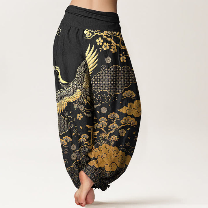Buddha Stones Pantalones harem de algodón con estampado de grulla dorada y nubes para mujer, con cintura elástica. - image 2