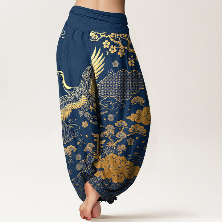 Buddha Stones Pantalones harem de algodón con estampado de grulla dorada y nubes para mujer, con cintura elástica. - image 7