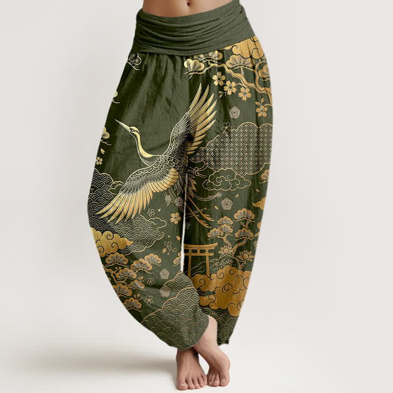 Buddha Stones Pantalones harem de algodón con estampado de grulla dorada y nubes para mujer, con cintura elástica. - Verde oliva oscuro - US16，UK/AU20，EU48 (3XL) - image 8