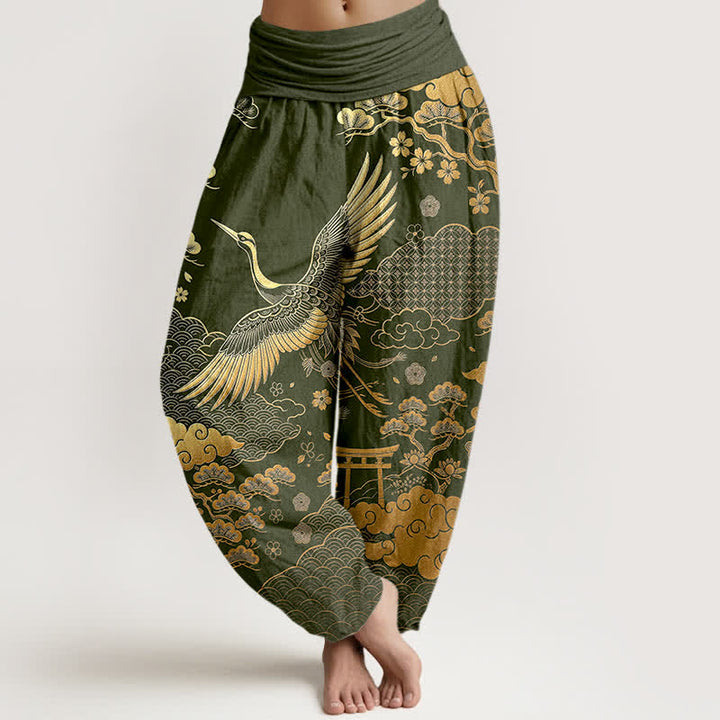 Buddha Stones Pantalones harem de algodón con estampado de grulla dorada y nubes para mujer, con cintura elástica. - Verde oliva oscuro - US16，UK/AU20，EU48 (3XL) - image 8