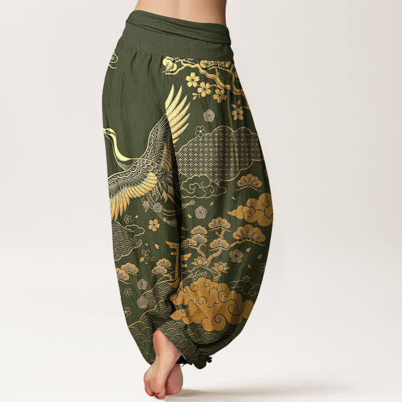 Buddha Stones Pantalones harem de algodón con estampado de grulla dorada y nubes para mujer, con cintura elástica. - image 10