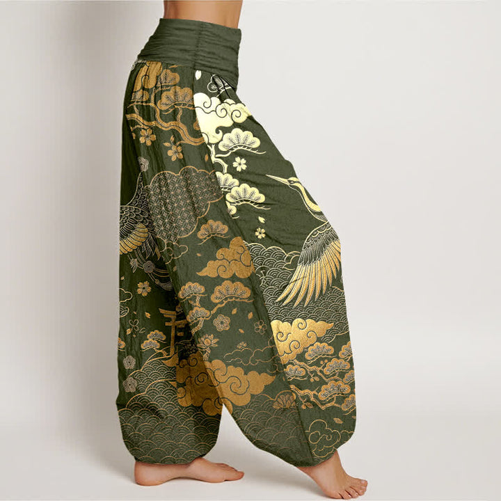 Buddha Stones Pantalones harem de algodón con estampado de grulla dorada y nubes para mujer, con cintura elástica. - image 9