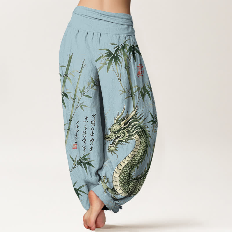 Buddha Stones Pantalones harem de mujer con cintura elástica y estampado de bambú y dragón de algodón - image 7
