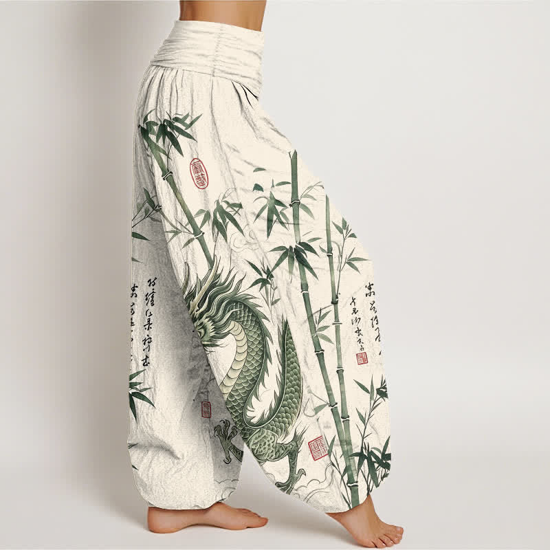 Buddha Stones Pantalones harem de mujer con cintura elástica y estampado de bambú y dragón de algodón - image 9