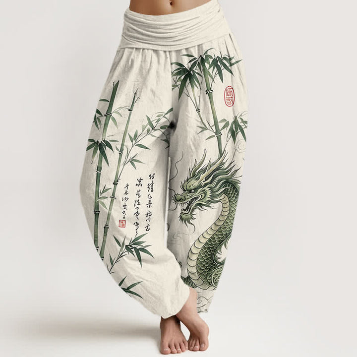 Buddha Stones Pantalones harem de mujer con cintura elástica y estampado de bambú y dragón de algodón - Marfil - US16，UK/AU20，EU48 (3XL) - image 8