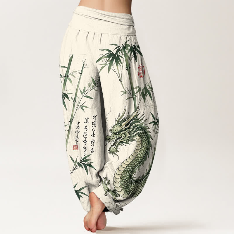 Buddha Stones Pantalones harem de mujer con cintura elástica y estampado de bambú y dragón de algodón - image 10