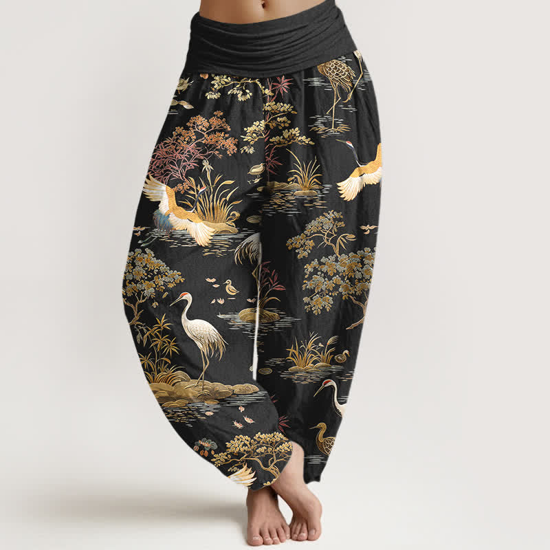 Buddha Stones Pantalones harem de mujer con cintura elástica y estampado floral de grullas de algodón. - Negro - US16，UK/AU20，EU48 (3XL) - image 0