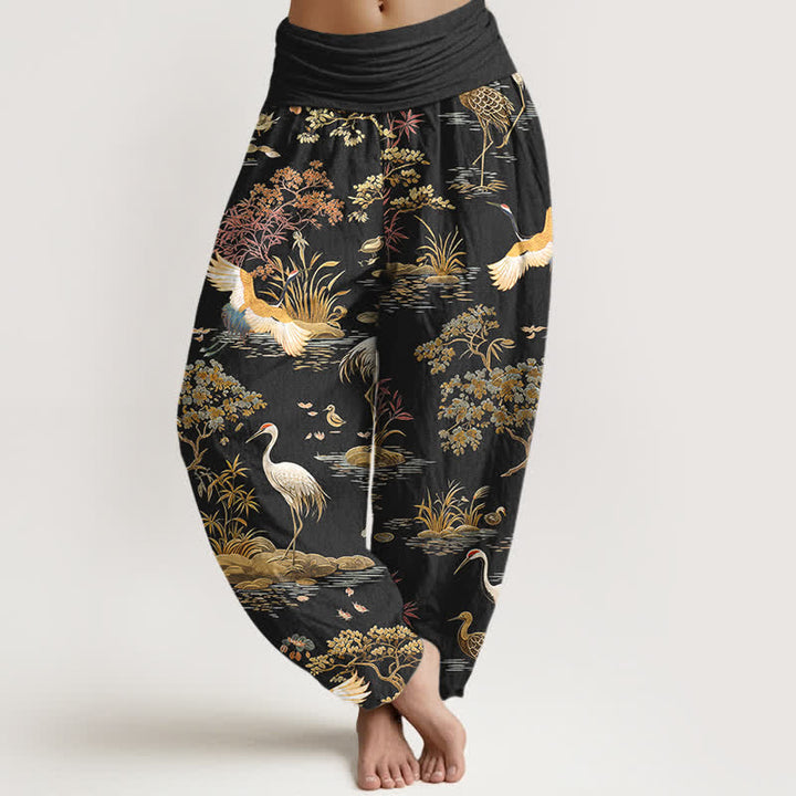 Buddha Stones Pantalones harem de mujer con cintura elástica y estampado floral de grullas de algodón. - Negro - US16，UK/AU20，EU48 (3XL) - image 0