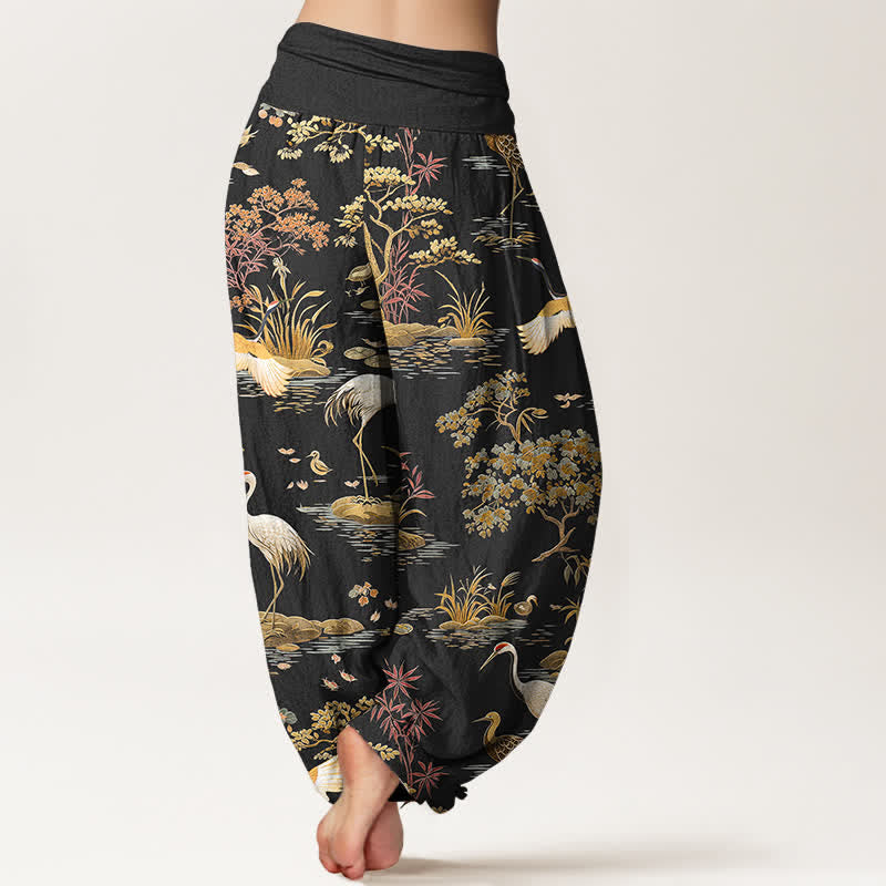 Buddha Stones Pantalones harem de mujer con cintura elástica y estampado floral de grullas de algodón. - image 2